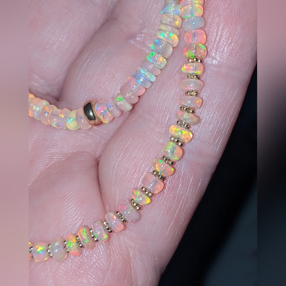 14k Yellow Gold Baby Pink Ethiopian Opal Beaded Gemstone Gold spacers Necklace - Picture 4 of 13
